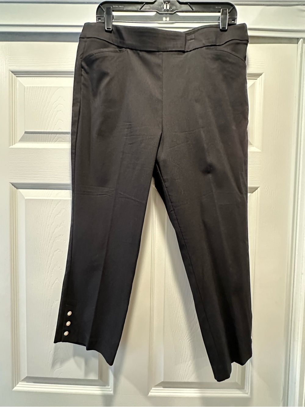Classic Black Womens cropped Pants with pearl Button Hem